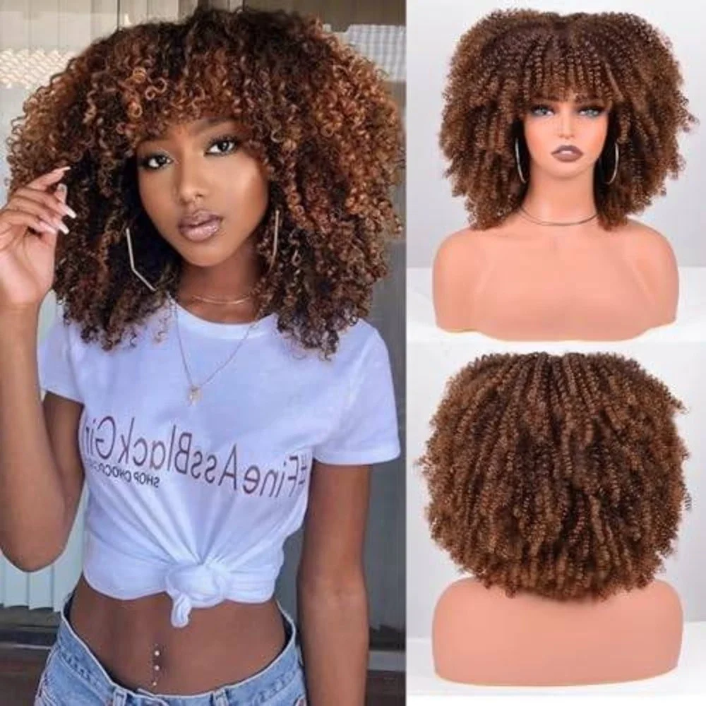 Brown Ombre Afro Kinky Curly Wig with‎ Bangs Short Synthetic Bob Heat Resistant